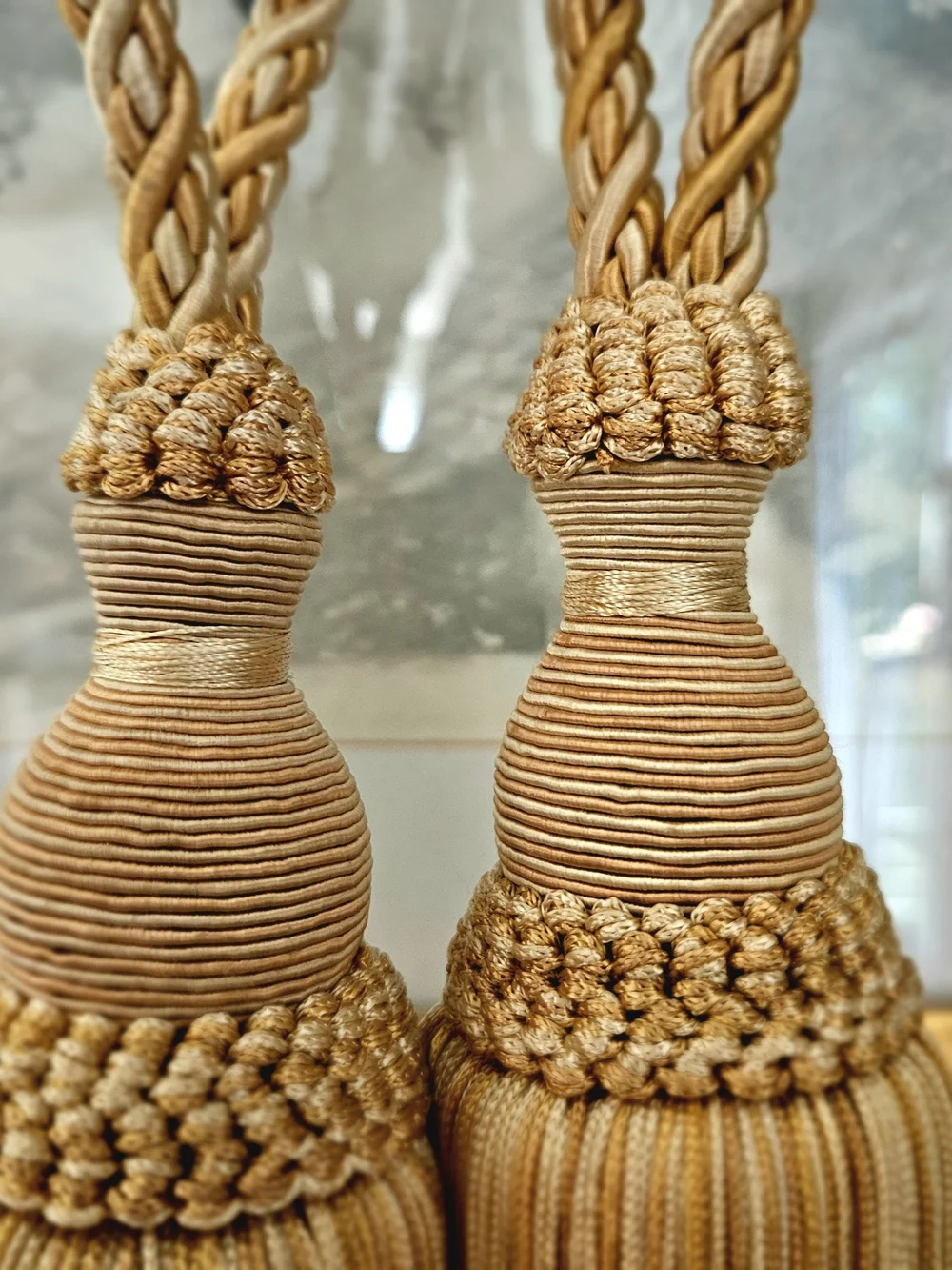 Vintage Gold Braided Rope Curtain Tiebacks Pair Large Tassel Drapery Holdbacks